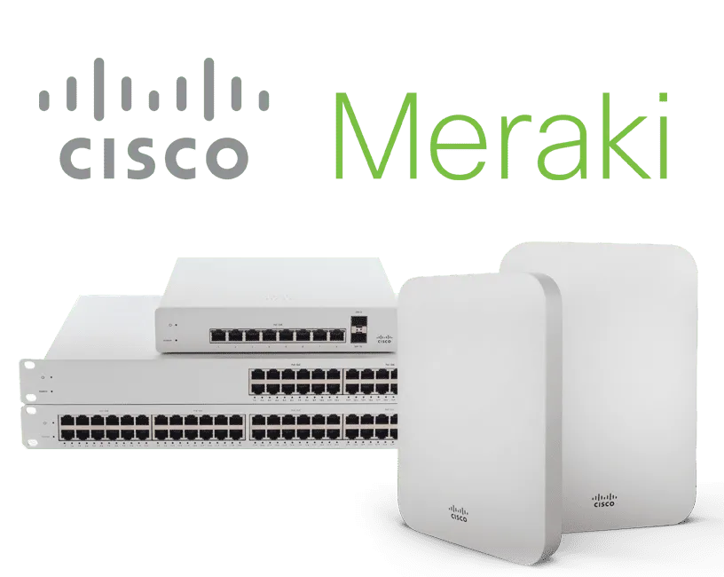 Cisco Meraki logosu, ağ anahtarları ve kablosuz erişim noktaları