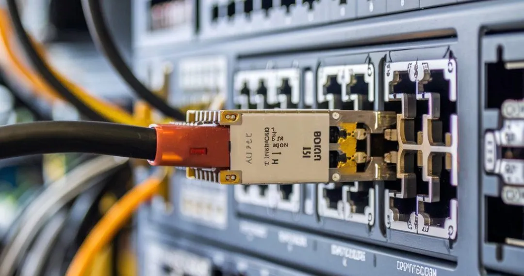 Ağ anahtarına takılı SFP modülü ve fiber kablo