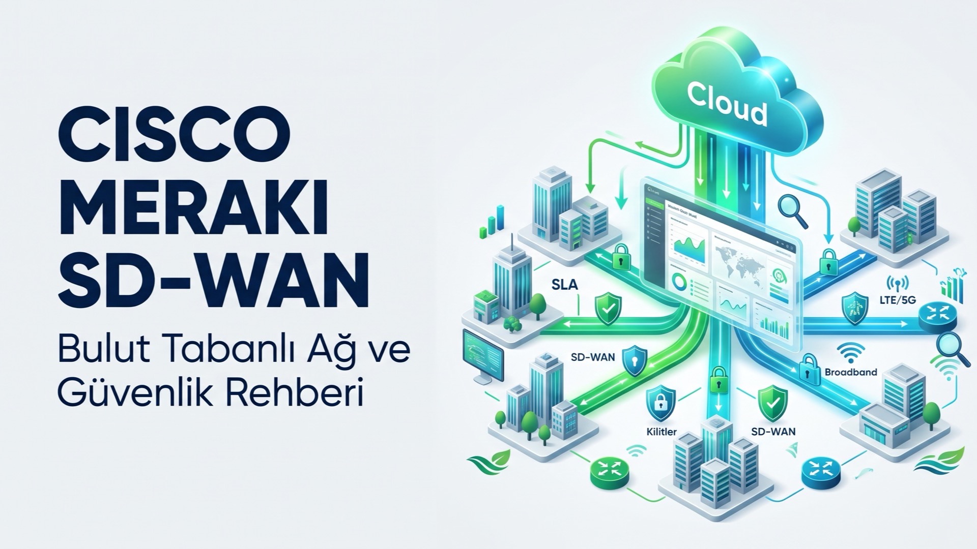 Cisco Meraki SD-WAN başlıklı izometrik illüstrasyon: bulut tabanlı Meraki Dashboard'un SLA, SD-WAN, LTE/5G ve Broadband bağlantılarıyla şube ofislerine bağlanması