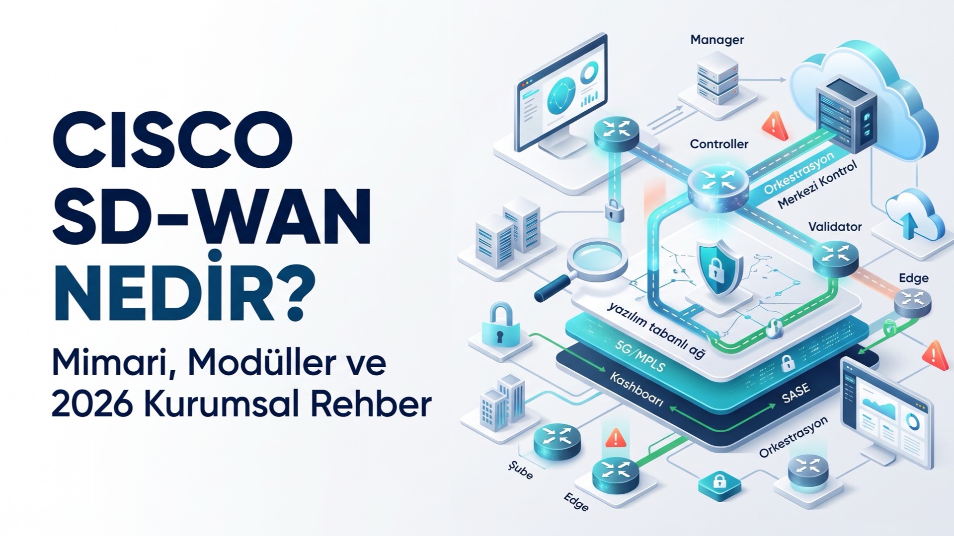 Cisco SD-WAN Nedir? başlıklı izometrik mimari illüstrasyonu: Manager, Controller, Validator ve Edge bileşenleri ile yazılım tabanlı ağ, 5G/MPLS ve SASE katmanları
