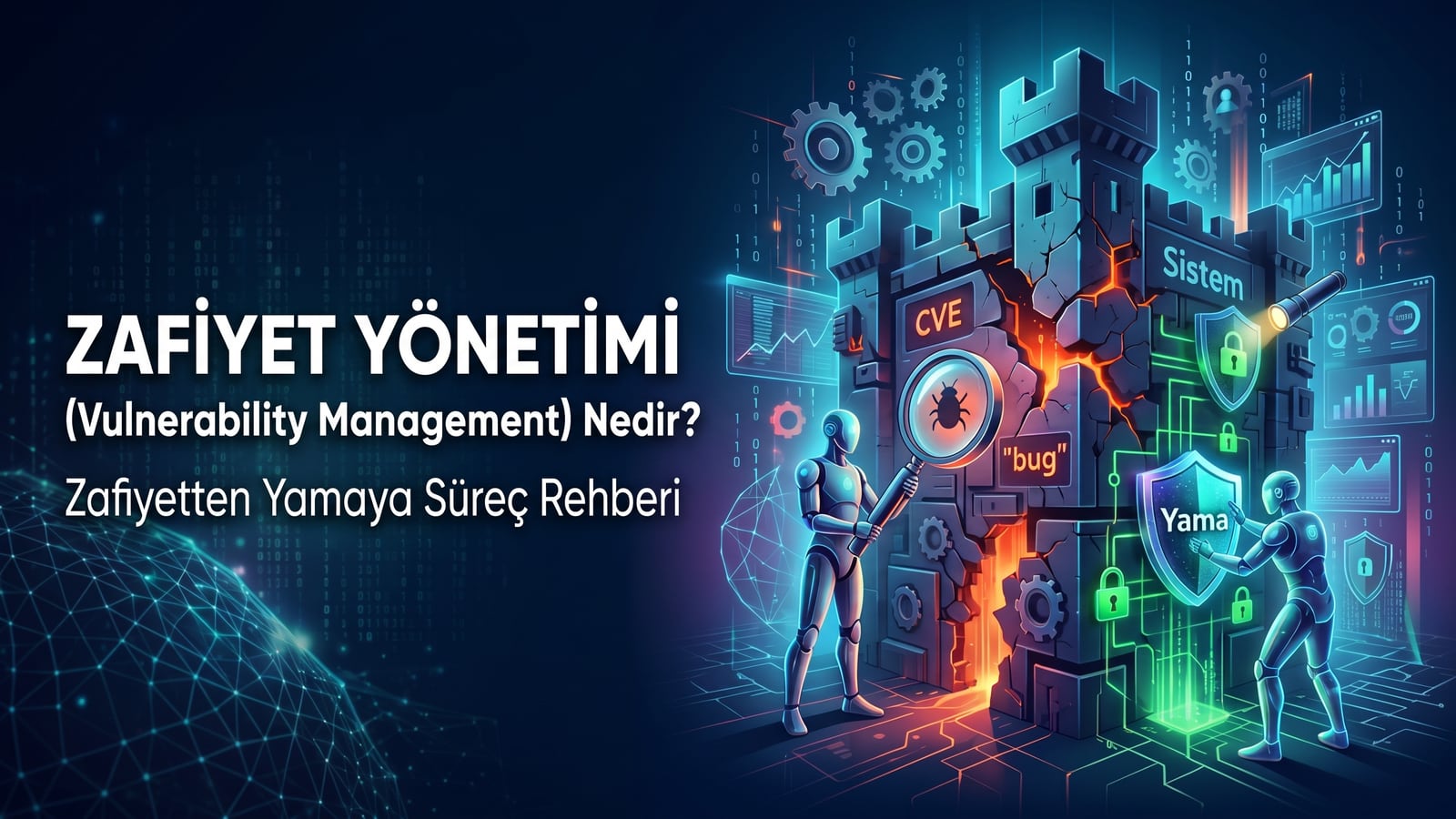 Zafiyet yönetimi sürecini temsil eden illüstrasyon: robot, çatlak kale duvarındaki CVE ve bug açıklarını büyüteçle incelerken diğer robot Yama kalkanıyla açığı kapatıyor